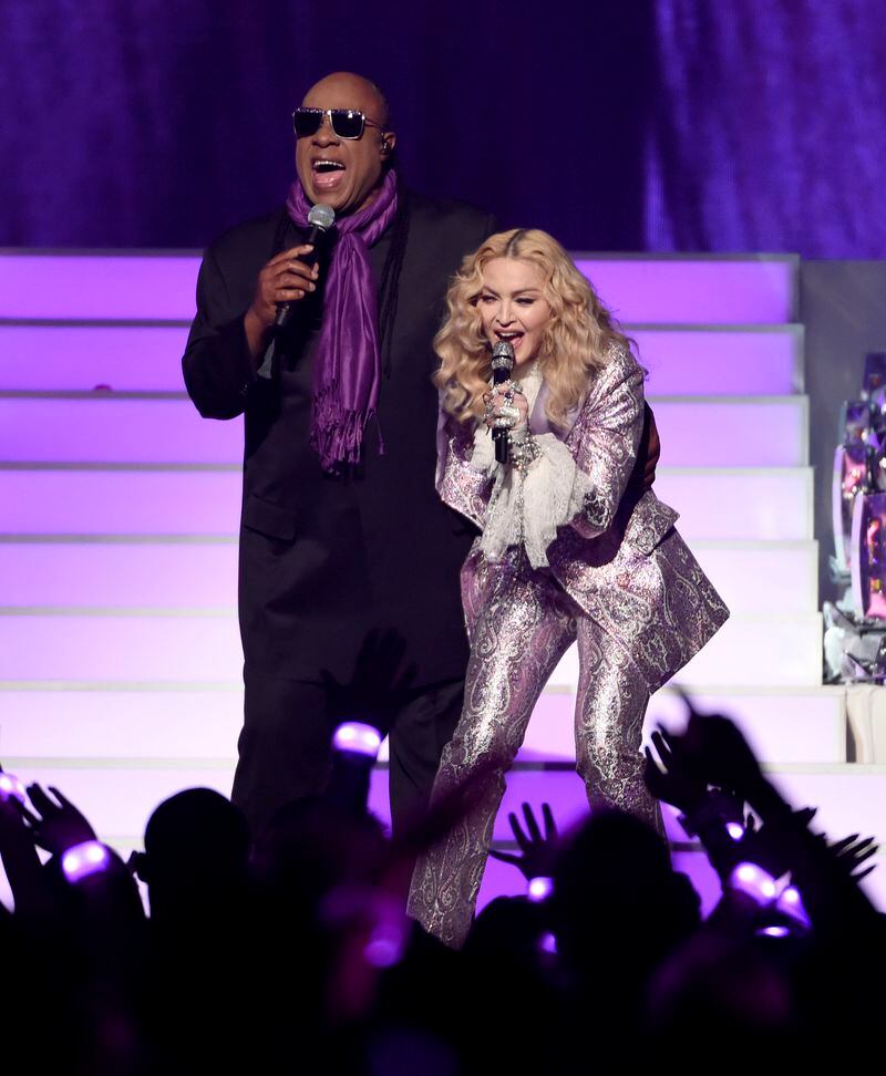 Madonna and Stevie Wonder during their Prince tribute. Photo: Getty Images.