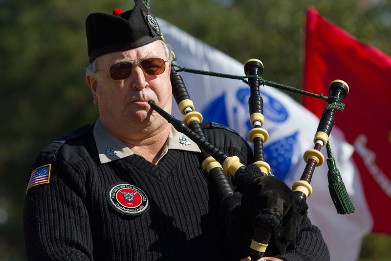 Bagpiper Wayne Coleman performs during the 2018 Veterans Day Commemoration at the Atlanta History Center on Sunday, November 11, 2018.  (Photo: STEVE SCHAEFER / SPECIAL TO THE AJC)