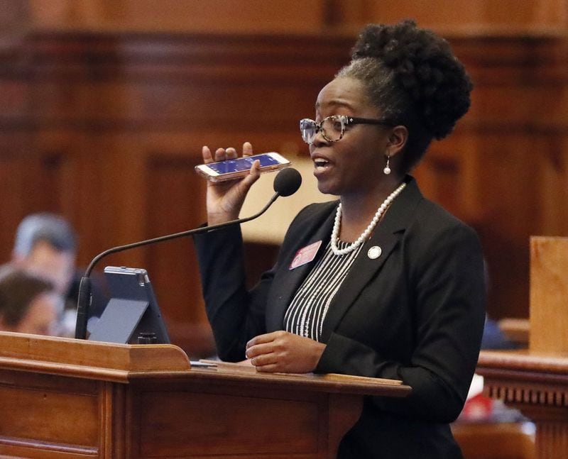 2/26/19 - Atlanta -  Rep. Jasmine Clark, D - Tucker, spoke against the bill.  The Georgia House passed a bill Tuesday to buy a new $150 million election system that includes a paper ballot printed with a ballot marking device. But opponents to the bill, including many Democrats, say it would still leave Georgia's elections vulnerable to hacking and tampering.   Bob Andres / bandres@ajc.com