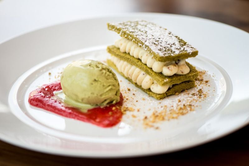  Matcha Tea Cake with pistachio cream and strawberry yuzu. Photo credit- Mia Yakel.