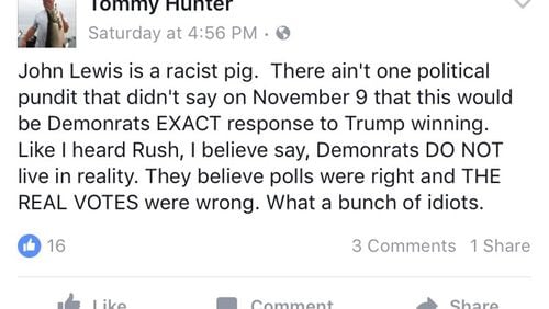 Gwinnett Commissioner Tommy Hunter sent this Facebook post in January. CONTRIBUTED