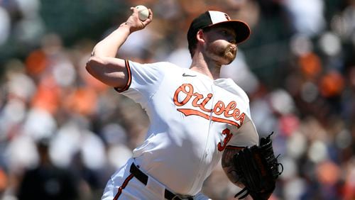 Baltimore Orioles starting pitcher Kyle Bradish throws during the second inning of a baseball game against the New York Yankees, Thursday, May 2, 2024, in Baltimore. (AP Photo/Nick Wass)