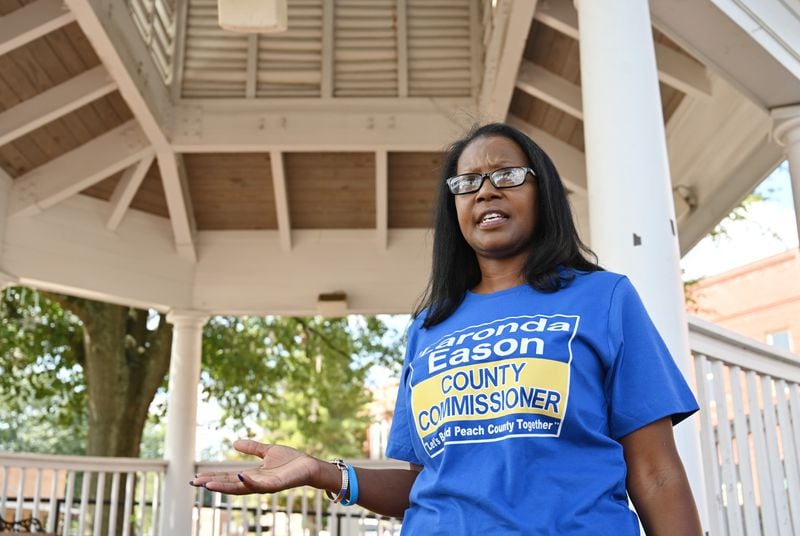 October 14, 2020 Fort Valley - Laronda Eason, County commissioner candidate, speaks in downtown Fort Valley on Wednesday, October 14, 2020. (Hyosub Shin / Hyosub.Shin@ajc.com)