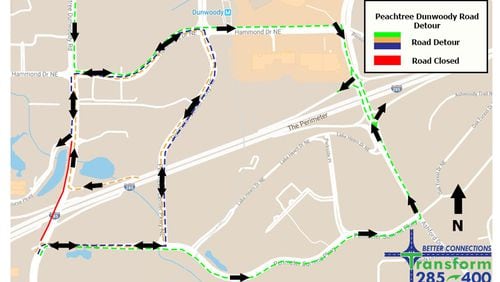 Map depicts recommended detours when Peachtree Dunwoody Road is closed at I-285 for the continuing reconstruction of the I-285/Ga. 400 interchange. GEORGIA DEPARTMENT OF TRANSPORTATION