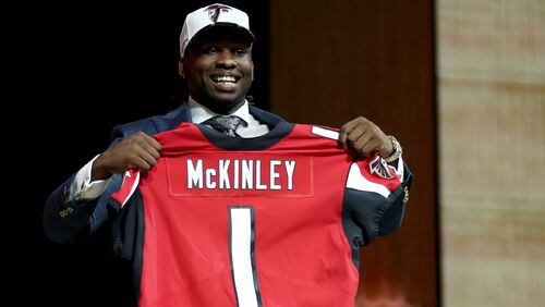 PHILADELPHIA, PA - APRIL 27:  Takkarist McKinley of UCLA reacts after being picked #26 overall by the Atlanta Falcons during the first round of the 2017 NFL Draft at the Philadelphia Museum of Art on April 27, 2017 in Philadelphia, Pennsylvania.  (Photo by Elsa/Getty Images)