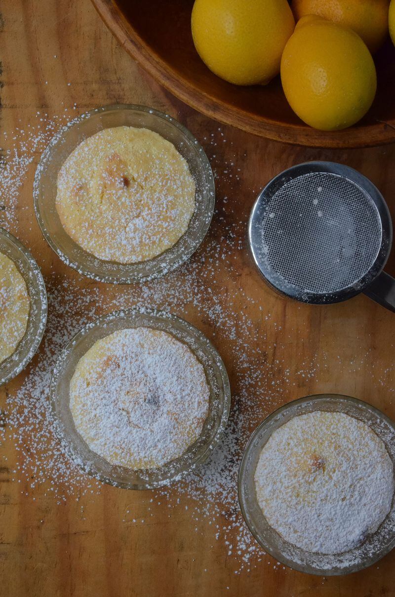 Enjoy a reasonable portion of a delightful dessert with Small-Batch Lemon Pudding Cakes. (Virginia Willis for The Atlanta Journal-Constitution)