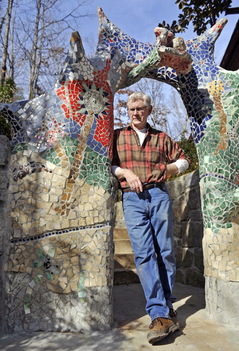 Robert Cheatham, the one-time director of Eyedrum, a non-profit arts group dedicated to experimental music, art and new media, also fashions fanciful garden sculptures out of a material called ferrocement covered with tile mosaic. He's shown here in a photo from 2009 with a piece he designed for a client's Sandy Springs home. 
Bita Honarvar, bhonarvar@ajc.com