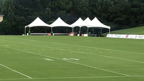 The fields are wet. We'll see if the Falcons  decide to practice indoors. (By D. Orlando Ledbetter/dledbetter@ajc.com)