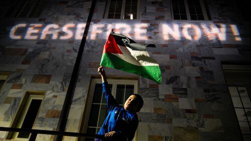 Protesters gathered for a second day of pro-Palestine demonstrations on the Emory University quad on Friday, April 26, 2024. (Ben Hendren for The Atlanta Journal-Constitution)