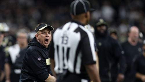 Saints head coach Sean Payton reacts after a no-call between wide receiver Tommylee Lewis and Rams cornerback Nickell Robey-Coleman during the fourth quarter Jan. 20, 2019, in the NFC Championship game at the Mercedes-Benz Superdome in New Orleans.