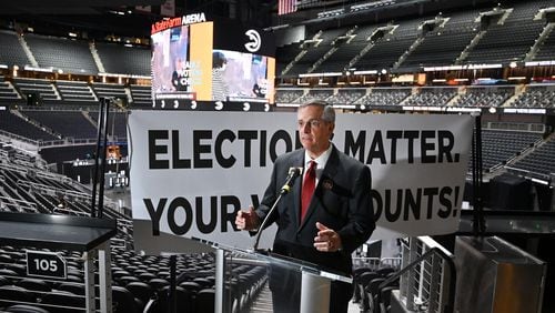 October 28, 2020 Atlanta - Secretary of State Brad Raffensperger speaks to members of the press during a press conference on election updates at State Farm Arena in Atlanta on Wednesday, October 28, 2020. (Hyosub Shin / Hyosub.Shin@ajc.com)