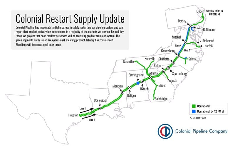 Colonial Pipeline announced Thursday it is resuming product delivery to a majority of its markets. (Image: Colonial Pipeline)