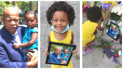 In 2018, two-year-old Pheonix Lewis and her mother Saidah Lewis, bumped into John Lewis at Atlantic Station. Naturally, they took a photo with the congressman. To mark his passing, Pheonix Lewis visited his mural and left flowers - and the photo.