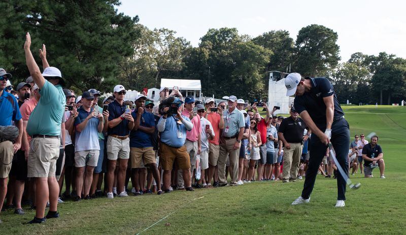 Patrick Cantlay hits from the rough on 17 during the final round of the PGA Tour Championship Sunday, Sept. 5, 2021, at East Lake Golf Club in Atlanta. (Ben Gray/For the AJC)