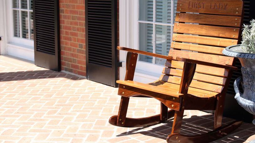 The "First Lady" rocking chair, photographed on the porch of the Georgia governor's mansion.