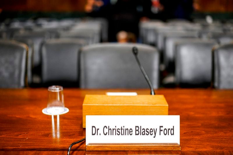 The desk where Christine Blasey Ford will sit in the Senate Judiciary Committee hearing room on Thursday, Sept. 27, 2018 on Capitol Hill. (Melina Mara/Pool Photo via AP)