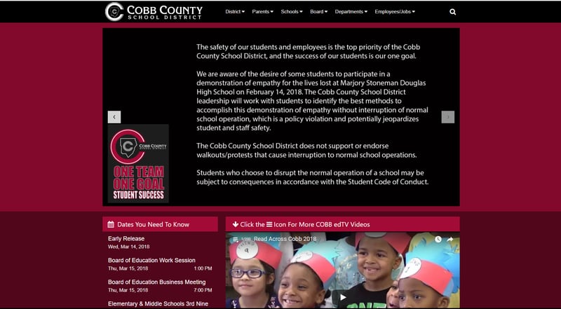 The school district homepage carried a warning against protesters in the days preceding the walkout.
