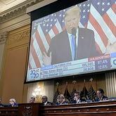 A video of then-President Donald Trump speaking is displayed as the House select committee investigating the Jan. 6 attack on the U.S. Capitol holds a hearing on Capitol Hill in Washington, Thursday, Oct. 13, 2022. (AP Photo/J. Scott Applewhite, File)