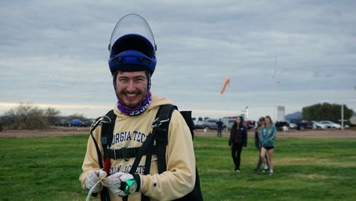 Jack Broadhead smiles after competing in accuracy landing at the 2023 Skydive Arizona competition.