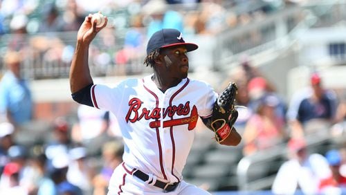 Touki Toussaint of the Atlanta Braves throws a first inning pitch against the Boston Red Sox at SunTrust Park on September 3, 2018 in Atlanta, Georgia. (Photo by Scott Cunningham/Getty Images)