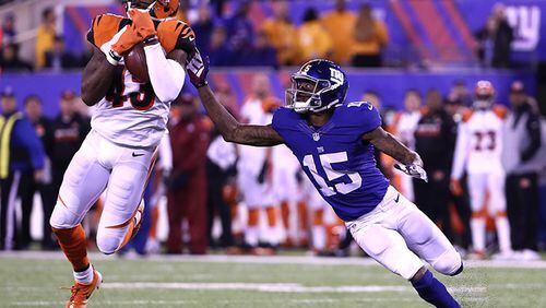 EAST RUTHERFORD, NJ - NOVEMBER 14: George Iloka #43 of the Cincinnati Bengals intercepts a ball intended for Tavarres King #15 of the New York Giants during the fourth quarter of the game at MetLife Stadium on November 14, 2016 in East Rutherford, New Jersey. (Photo by Al Bello/Getty Images)