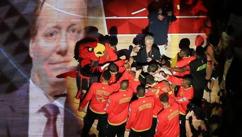 102715 ATLANTA: -- The spot light is on the Hawks as they take the floor for their first regular season basketball game "home opener" against the Pistons on Tuesday, Oct. 27, 2015, in Atlanta. Curtis Compton / ccompton@ajc.com