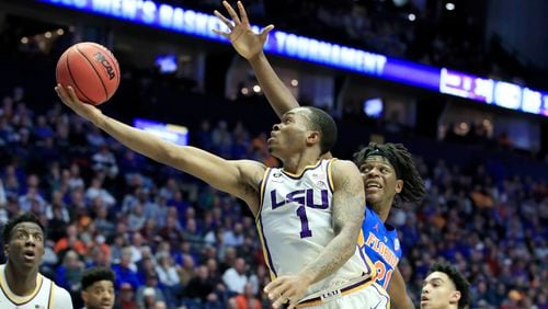 Javonte Smart of the LSU Tigers shoots the ball against the Florida Gators during the quarterfinals of the SEC Basketball Tournament at Bridgestone Arena on March 15, 2019 in Nashville, Tennessee. (Photo by Andy Lyons/Getty Images)