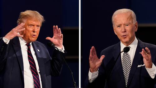 This combination of photos show President Donald Trump, left, and former Vice President Joe Biden during the first presidential debate on Sept. 29, 2020, in Cleveland, Ohio. Twelve news organizations issued a joint statement calling on the presumptive presidential nominees President Biden and former President Trump to agree to debates during the 2024 campaign. ABC, CBS, CNN, Fox, PBS, NBC, NPR and The Associated Press all signed on to the letter. (AP Photo/Patrick Semansky, File)