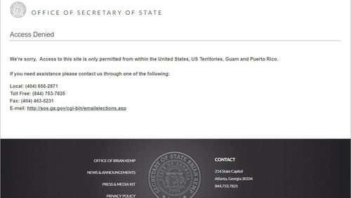 Visitors to the Secretary of State's voter registration web pages from international locations receive an "Access Denied" message.