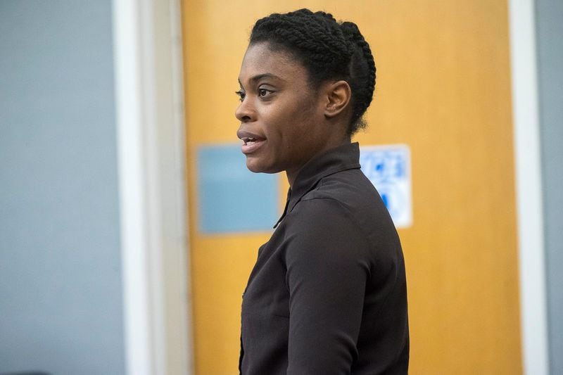 Tiffany Moss as she asks a question to a potential juror on Monday in her death-penalty trial. (Alyssa Pointer/The Atlanta Journal-Constitution)