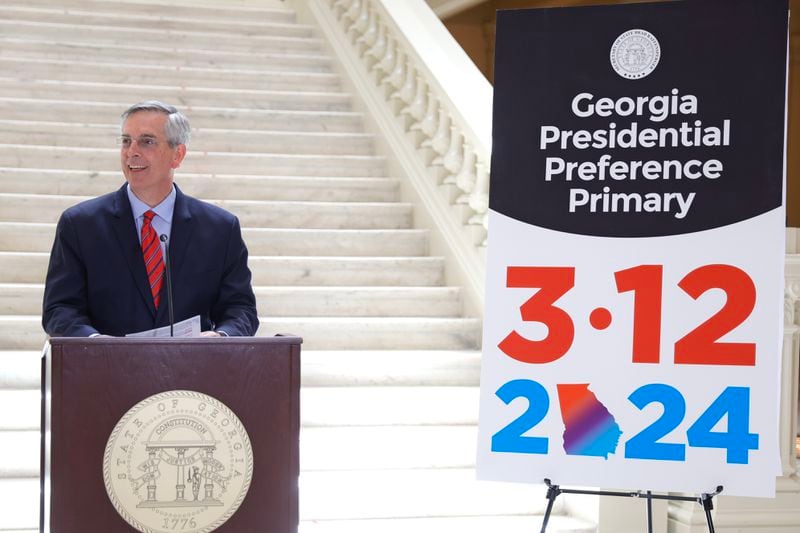 Secretary of State Brad Raffensperger announces the date of Georgia’s presidential primary as March 12, 2024 at the Georgia State Capitol on Thursday, May 4, 2023.  (Natrice Miller/natrice.miller@ajc.com)