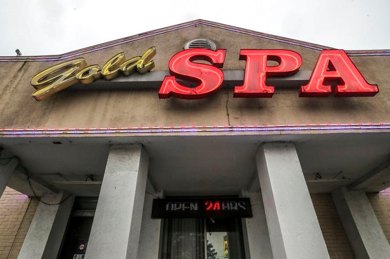 National media outlets camped out in front of the Gold Spa, seen here, and Aromatherapy Spa on Wednesday morning, after Atlanta police found four women shot to death at the two businesses Tuesday. (John Spink / John.Spink@ajc.com)

