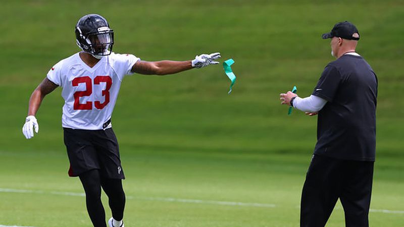 Falcons cornerback Jayson Stanley (left) works against safety A.J. Westbrook (right) during rookie minicamp on Friday, May 10, 2019, in Flowery Branch. Curtis Compton/ccompton@ajc.com
