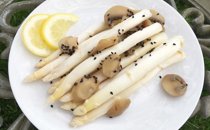 Sesame (white) asparagus with mushrooms and lemon. (Karen Kane/PIttsburgh Post-Gazette/TNS)