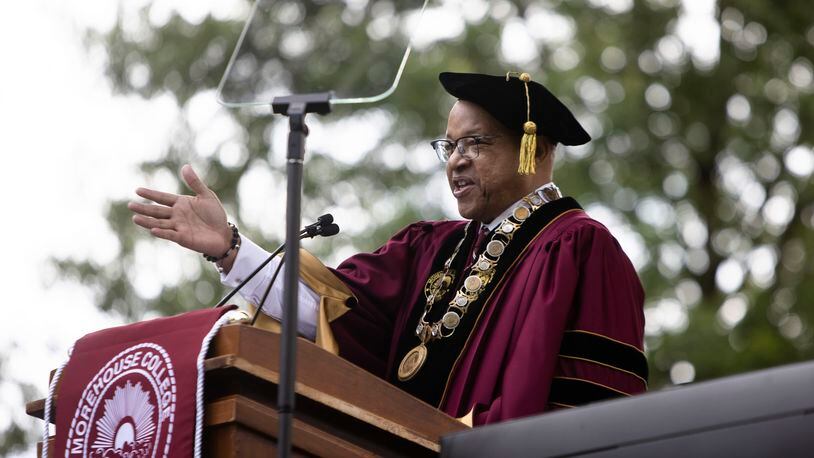 Morehouse College President David A. Thomas, who has led the college since 2018, speaks during the Morehouse College commencement ceremony in May 2023. (Christina Matacotta for The Atlanta Journal-Constitution)