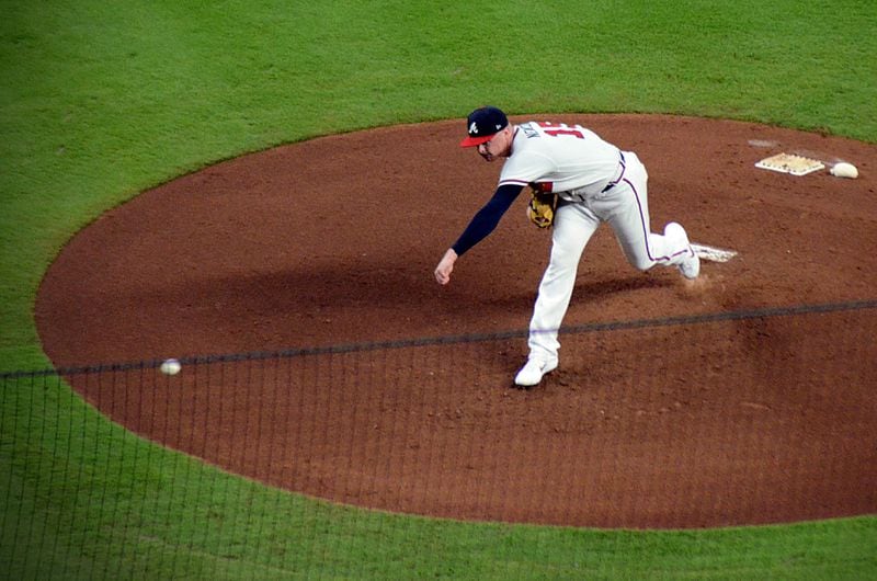 Atlanta Braves pitcher Sean Newcomb tosses a pitch in the second inning during Game Three of the NLDS against the Los Angeles Dodgers at SunTrust Park on Oct. 7, 2018. 
