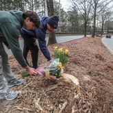 John Kopach and his son, Oliver, leave flowers at the site where a car crashed in January, killing two teenagers in Cherokee County. Oliver Kopach went to high school with one of the victims.