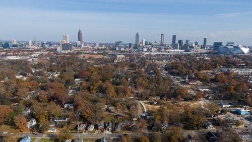 Aerial photography shows the area where a team of Emory researchers and the federal Environmental Protection Agency have found high levels of lead contamination in the soil near Mercedes Benz stadium. HYOSUB SHIN / HYOSUB.SHIN@AJC.COM