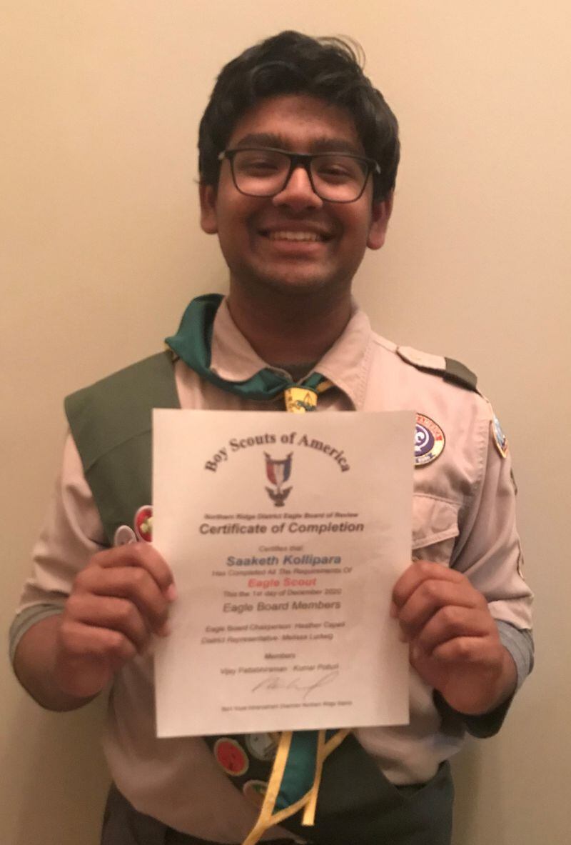The Northern Ridge Boy Scout District (Cities of Roswell, Alpharetta, John’s Creek, Milton) is proud to announce its newest Eagle Scout, Saaketh Kollipara, of Troop 3143, sponsored by John’s Creek United Methodist Church, whose project was the design and construction of 25 Seating Planks,  for the Sri Satyanarayana Swamy Temple Atlanta.