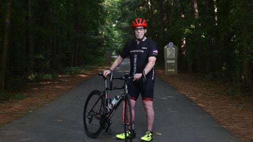August 9 2019 Smyrna - Portrait of Barry Goppman on the Silver Comet Trail near the Mavell Road trailhead in Smyrna on Friday, August 8, 2019. Barry Goppman is an avid biker and runner battling cancer. Goppman lives not far from the Sterigenics plant and fears there may be a connection to emissions there. (Hyosub Shin / Hyosub.Shin@ajc.com)