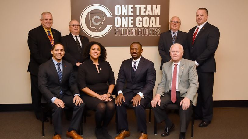 The Cobb County Board of Education includes two new members - both Democrats. They are (L-R, front row) Dr. Jaha Howard and Charisse Davis with David Morgan and David Banks. On the back row are (L-R) Randy Scamihorn, Vice-Chair Brad Wheeler, Chair David Chastain and Superintendent Chris Ragsdale (Courtesy of Cobb County School District)