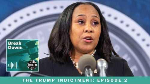 Fulton County District Attorney Fani Willis speaks following a Fulton County grand jury returned a 41-count indictment against former President Donald Trump and 18 of his allies. Episode 2 of "Breakdown — The Trump Indictment" looks at who is charged. (Arvin Temkar / arvin.temkar@ajc.com)
