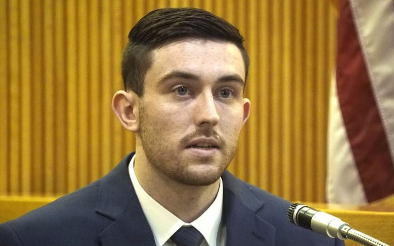 Preston Taylor, 21, testifies Wednesday, Jan. 23, 2019, at the murder trial of Liam McAtasney at the Monmouth County courthouse in Freehold, N.J. McAtasney, also 21, is accused of strangling 19-year-old Sarah Stern, a longtime friend and former high school classmate, during a robbery Dec. 2, 2016, and throwing her body off a bridge. Taylor, who was Stern's date to their junior prom, faces 20 years in prison after pleading guilty to conspiring with McAtasney to rob Stern and helping him dispose of Stern's body. McAtasney faces life in prison if convicted.