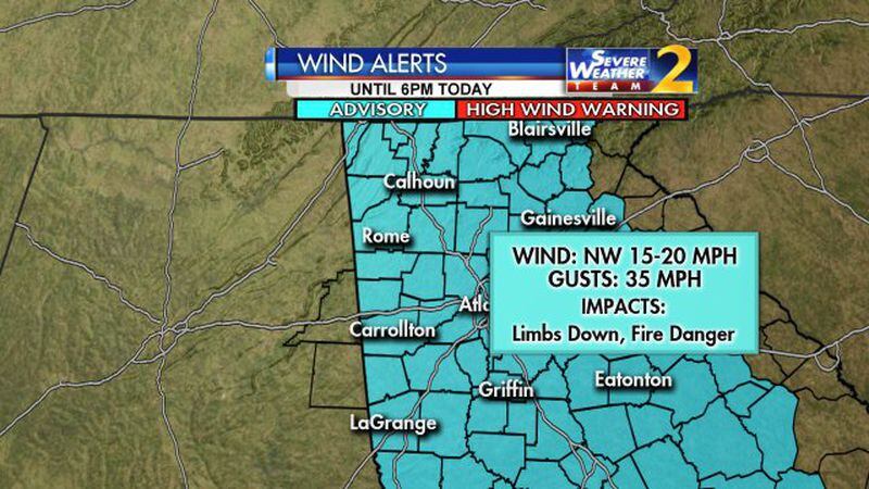 North Georgia is under a wind advisory until 6 p.m. (Credit: Channel 2 Action News)