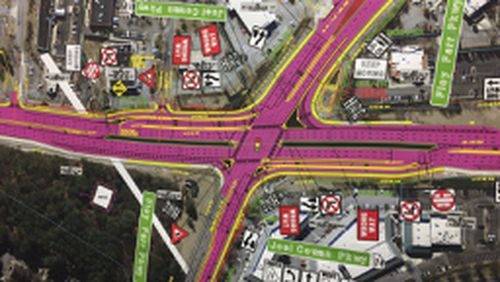 A GDOT map shows areas in pink where reconfigured traffic lanes are planned for Ga. 74/54 in Peachtree City. Jill Howard Church for the AJC