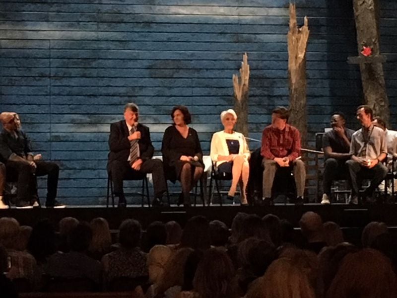 The cast of "Come From Away" joined (from left) Claude Elliott, former mayor of Gander; Lisa Pierce from Air Canada; Beverley Bass, former American Airlines pilot; and Kevin Tuerff, passenger and author, for a panel discussion at the Fox Theatre following the June 25, 2019 performance of the musical.