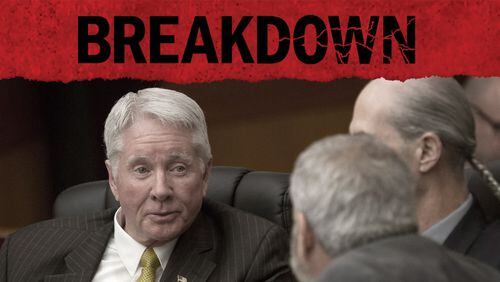 Claud "Tex" McIver talks with his lawyers during his 2018 murder trial. A return to the fifth season of the AJC's "Breakdown" podcast looks at the 2022 overturning of McIver's conviction. (Steve Schaefer / AJC file)