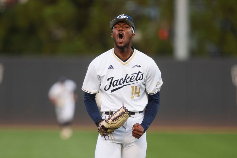 Georgia Tech pitcher Camron Hill (14) reacts after striking out a batter to end the top of the fourth inning against Auburn at Russ Chandler Stadium, Tuesday, May 7, 2024, in Atlanta. (Jason Getz / AJC)
