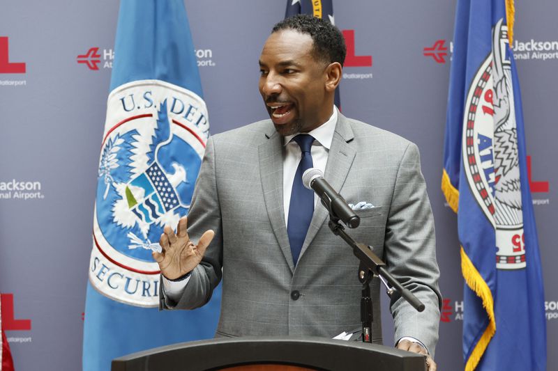 Atlanta Mayor Andre Dickens speaks during a press conference at Hartsfield-Jackson Atlanta International Airport on Monday, May 22, 2023. (Miguel Martinez /The Atlanta Journal-Constitution)

