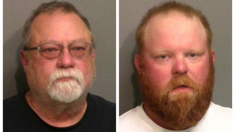 This photo combo of images taken Thursday, May 7, 2020, and provided by the Glynn County Detention Center, in Georgia, show Gregory McMichael, left, and his son Travis McMichael. The two have been charged with murder in the February shooting death of Ahmaud Arbery, whom they had pursued in a truck after spotting him running in their neighborhood. (Glynn County Detention Center via AP)